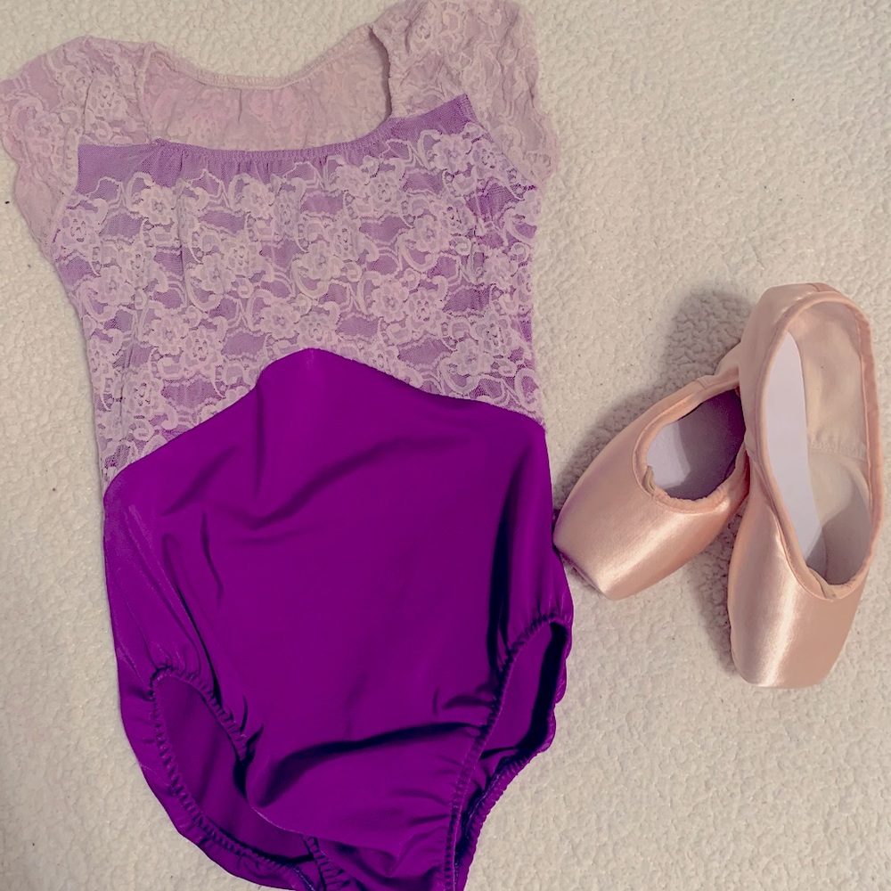 Bright purple lace cap sleeve leotard